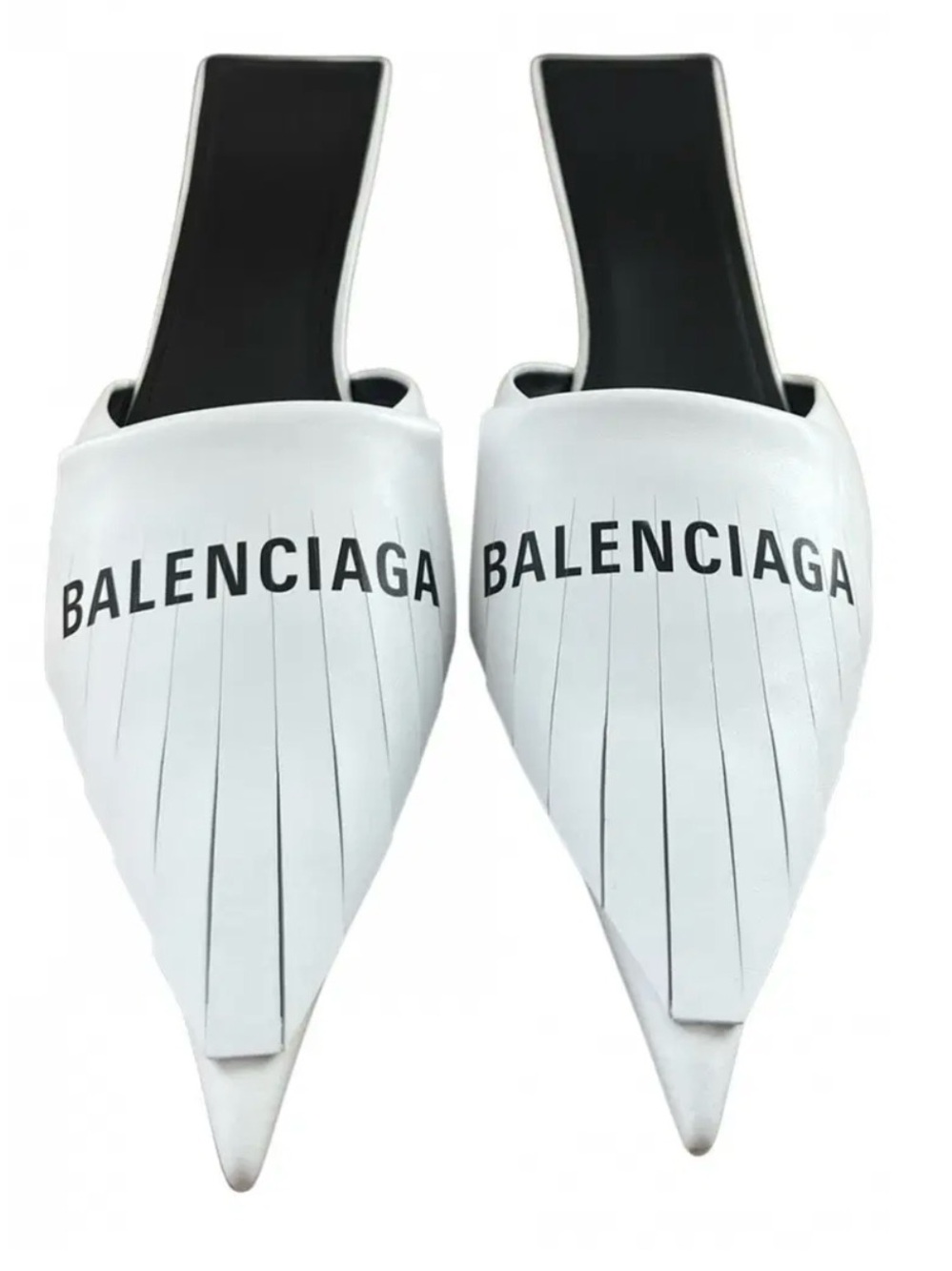 Balenciaga White Knife Fringe Kitten Heel Logo Mules